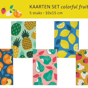 Kleurrijke fruitkaarten zomer aardbei citroen ananas perzik peer / ansichtkaarten - set van 5 - ontwerp Heleen van den Thillart