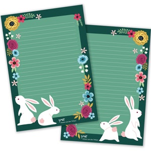 Bloco de notas Coelho Bloom A5 animais fofos flores papel carta dupla face papelaria - design por Heleen van den Thillart