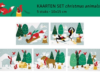Kerstdieren ansichtkaarten bosbeer vos eland pinguïn / kerstkaarten / ansichtkaarten - set van 5 - ontwerp Heleen van den Thillart