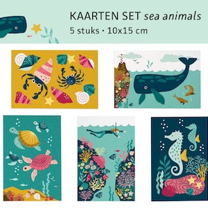 Zeedieren ansichtkaarten oceaanleven illustratie walvis zeepaardje zeeschildpad krab / ansichtkaarten - set van 5 - ontwerp Heleen van den Thillart