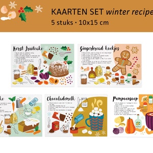 Kerst recepten ansichtkaarten peperkoek pompoensoep fruitcake / kerstkaarten - set van 5 - ontwerp door Heleen van den Thillart