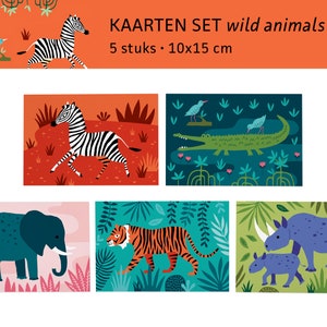Wilde dieren ansichtkaarten illustratie kleurrijk tijger olifant zebra neushoorn / ansichtkaarten - set van 5 - ontwerp Heleen van den Thillart