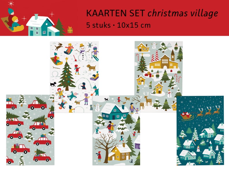 Kerstdorpskaarten / kerstkaarten / ansichtkaarten set van 5 ontwerp Heleen van den Thillart afbeelding 1