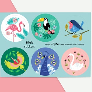 Foglio di adesivi con uccelli, illustrazione, sigillo per busta, confezione regalo, artigianato, fenicottero, tucano, cigno, pavone - design di Heleen van den Thillart