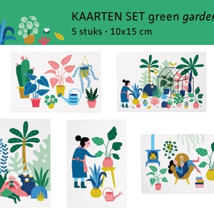 Green Garden ansichtkaarten kleurrijk tuinieren illustratie natuur planten / ansichtkaarten - set van 5 - ontwerp Heleen van den Thillart