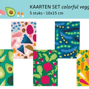 Cartoline di verdure colorate verdure avocado funghi carota barbabietola fagioli / ansichtkaarten - set di 5 - design di Heleen van den Thillart