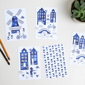 Cartoline Olanda ad acquerello blu royal / ansichtkaarten delfts blauw - set di 5 - design di Heleen van den Thillart
