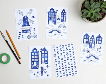 Acuarela Holland postcards royal blue / ansichtkaarten delfts blauw - set of 5 - design by Heleen van den Thillart