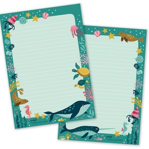 Bloco de notas Animais Marinhos A5 vida oceânica baleia narval tartaruga papel carta dupla face papelaria - design por Heleen van den Thillart
