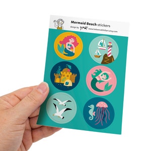 Mermaid Beach sticker vel zomer fantasie illustratie envelop verzegeling cadeauverpakking - ontwerp door Heleen van den Thillart