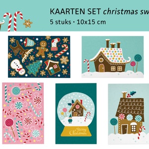 Cartoline di dolci natalizi, caramelle della casa di pan di zenzero, kerstkaarten ansichtkaarten, set di 5, design di Heleen van den Thillart