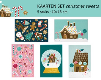 Christmas sweets postcards gingerbread house candy / kerstkaarten ansichtkaarten - set of 5 - design by Heleen van den Thillart