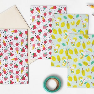 Strawberry Lemon folded postcards set of 4 with envelope summer fruit lemonade ice cream/ gevouwen kaart - design by Heleen van den Thillart