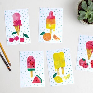 Cartes postales de crème glacée d'été illustration de fruits fraise orange / ansichtkaarten - lot de 5 - design par Heleen van den Thillart