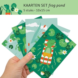 Postales de Frog Pond rana garza pájaro nadando lago / Ansichtkaarten - conjunto de 5 - diseño de Heleen van den Thillart