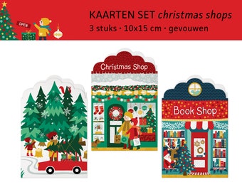 Kerstwinkels gevouwen ansichtkaarten vakantie speelgoed boeken boom schaatsen / gevouwen kerstkaarten - set van 3 - ontwerp Heleen van den Thillart