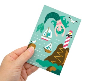 Mermaid Lighthouse postcard boats beach ocean / ansichtkaart - design by Heleen van den Thillart