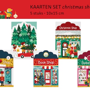 Kerstwinkels ansichtkaarten boeken speelgoed snoep bomen / kerstkaarten / ansichtkaarten - set van 5 - ontwerp Heleen van den Thillart