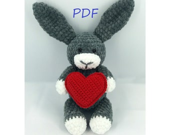 Bunny Crochet Pattern, Symbol of 2023, Valentines day gift, Amigurumi bunny Pattern, Bunny with heart pattern, Plush bunny PDF Pattern ONLY,