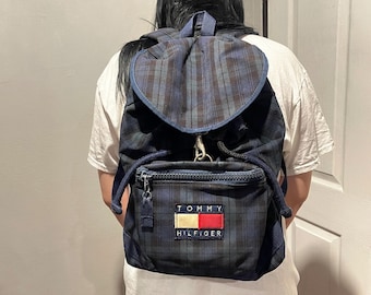 Vintage Tommy Hilfiger Spell Out Drawstring Cinch Backpack Navy Blue Green Plaid Tommy Hilfiger Drawstring Backpack Bags & Handbags for Women  main image 4