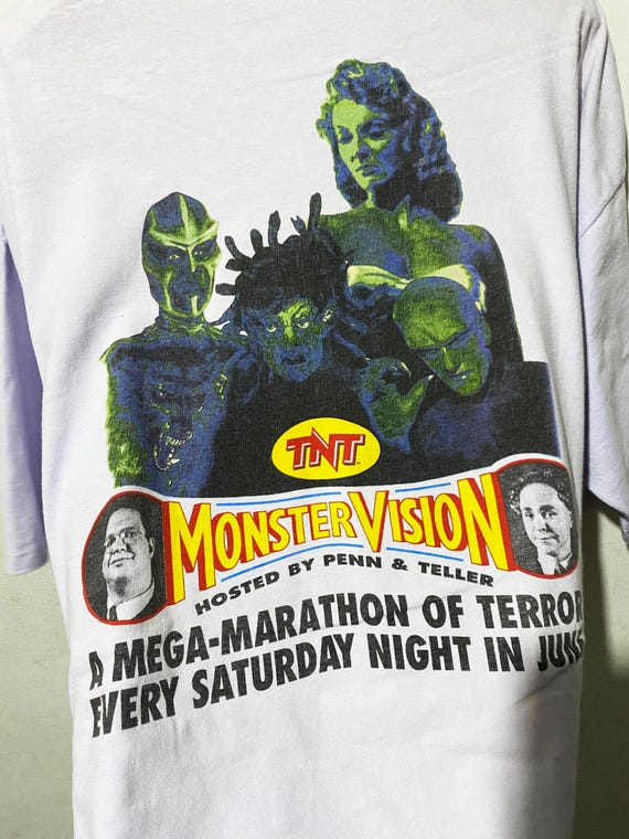 Vintage 90s Monstervision T-shirt TNT Penn & Teller TV Graphic Tee