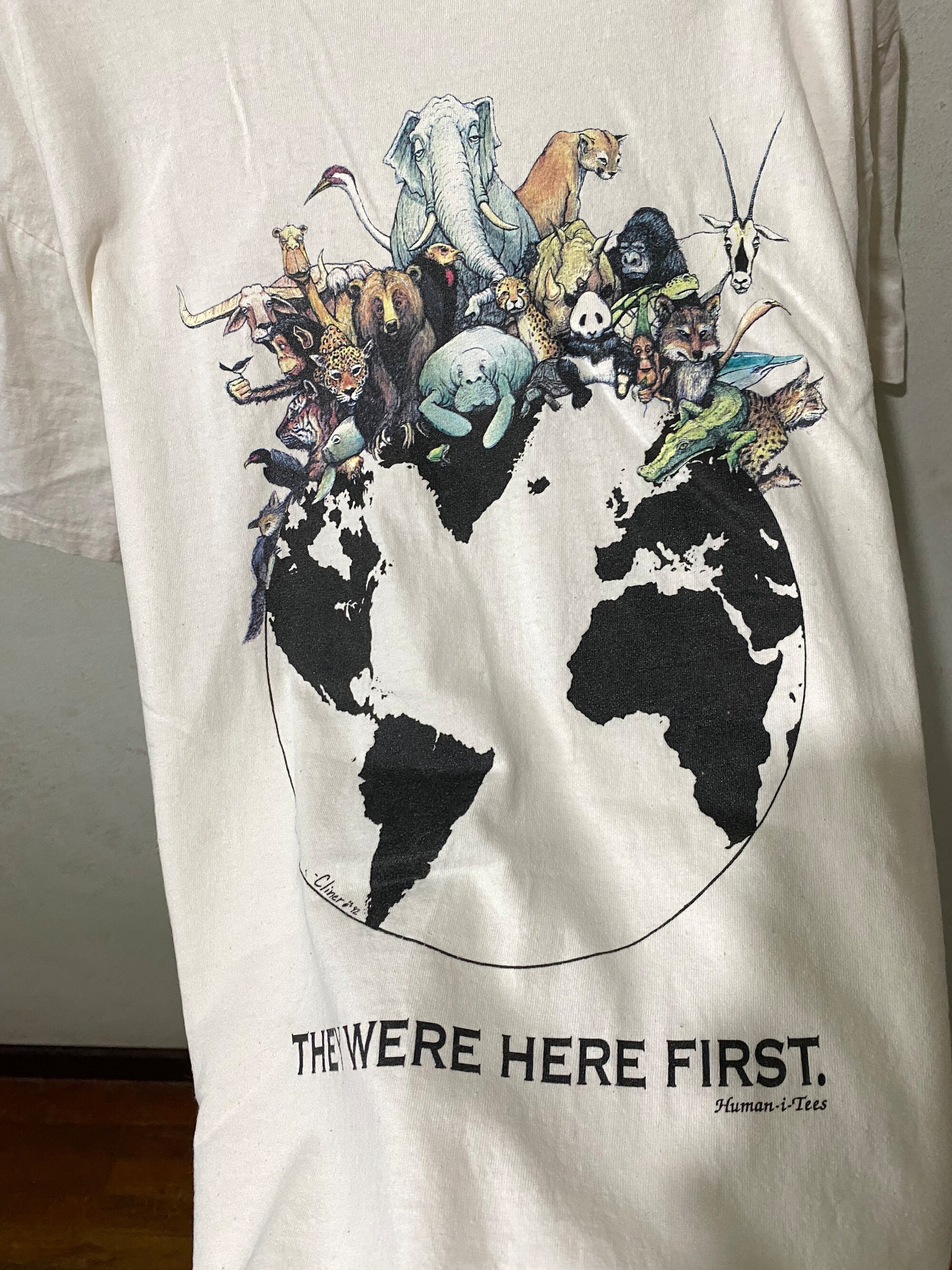 Vintage 90s Human-I-Tees They Were Here First Animals Earth Shirt