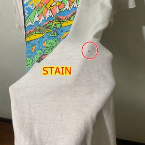 May include: White t-shirt with a colorful cartoon graphic of a landscape with mountains, a sun, and a palm tree. The shirt has a blue stain on the right side.