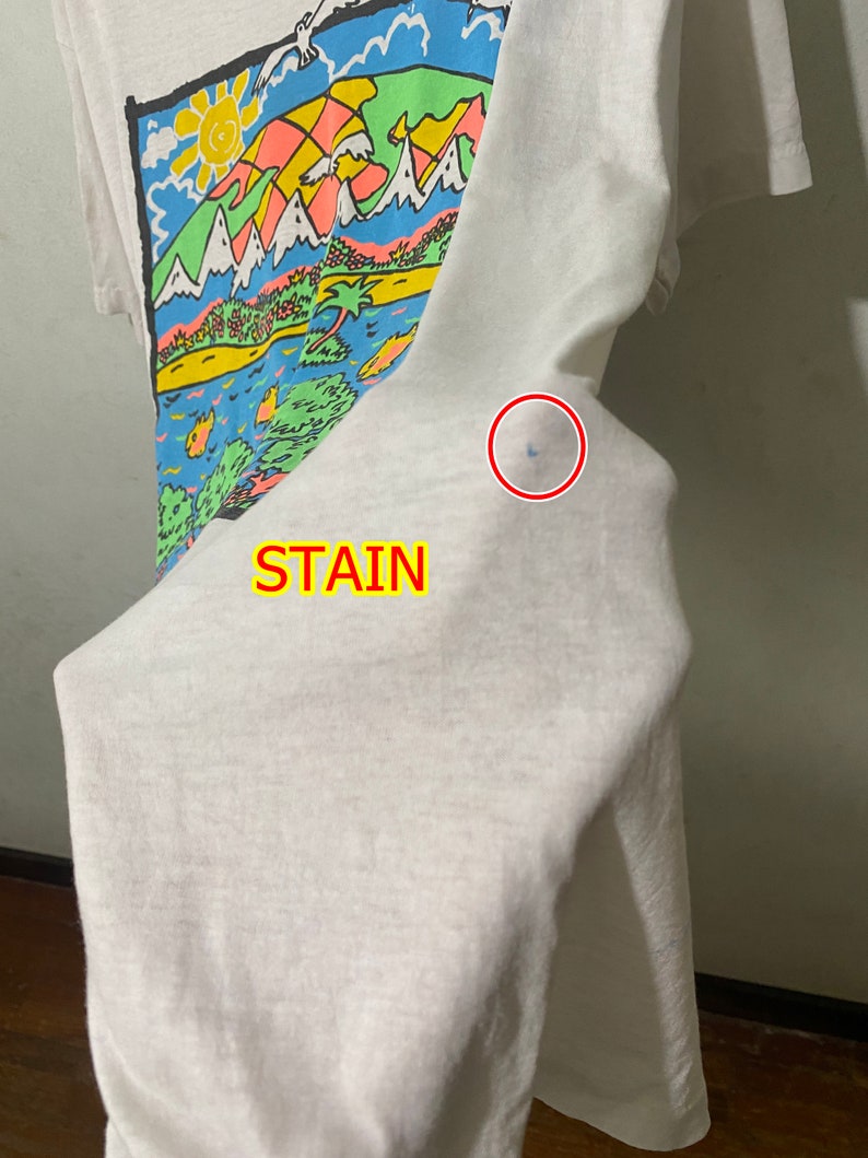 May include: White t-shirt with a colorful cartoon graphic of a landscape with mountains, a sun, and a palm tree. The shirt has a blue stain on the right side.