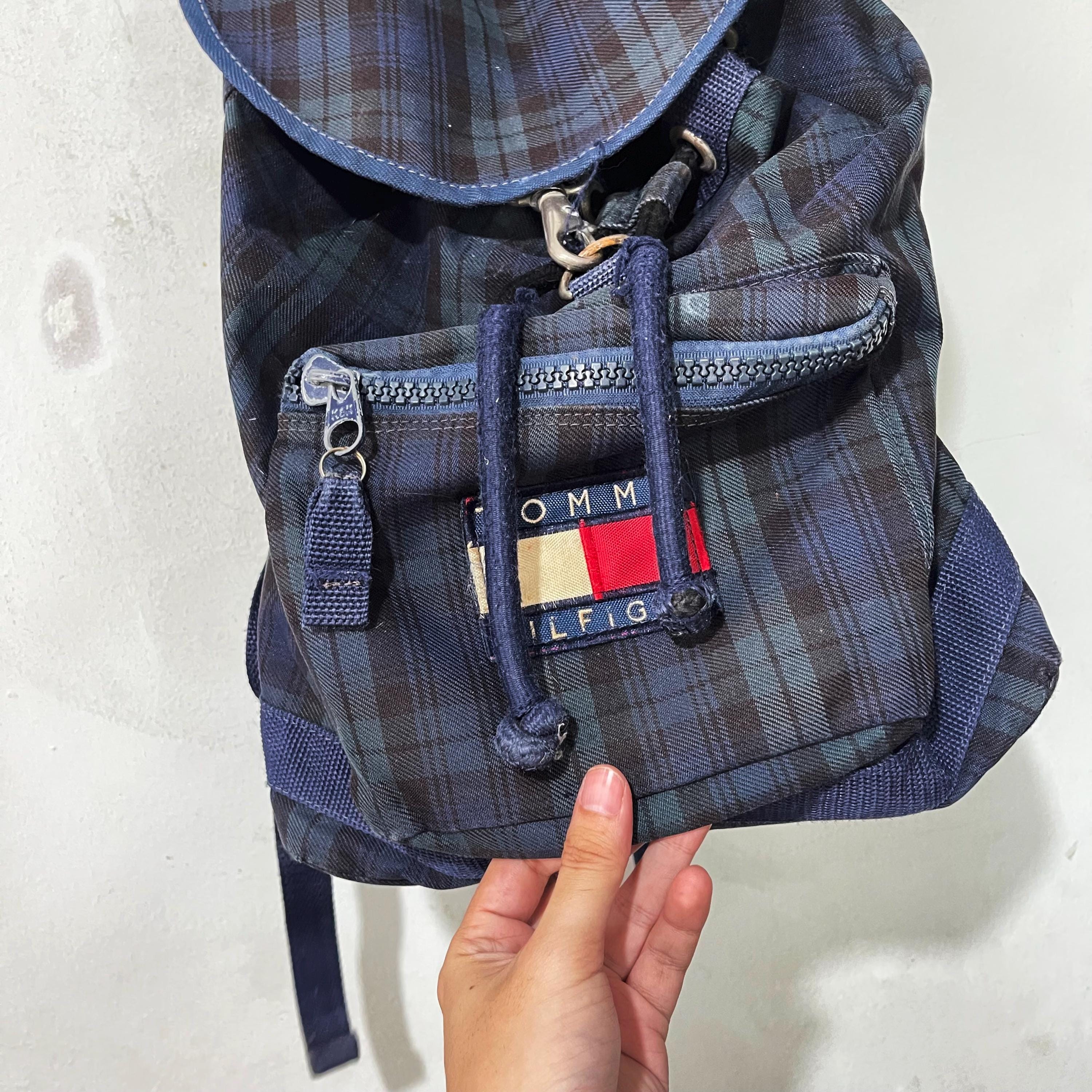 Vintage 90s Tommy Hilfiger Plaid Backpack Logo Bag Navy Blue