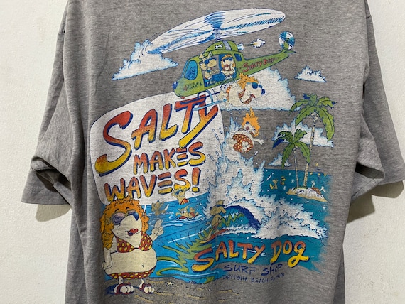 Vintage 80s Salty Dog Surf Shop Pocket T-shirt Retro Beach Graphic