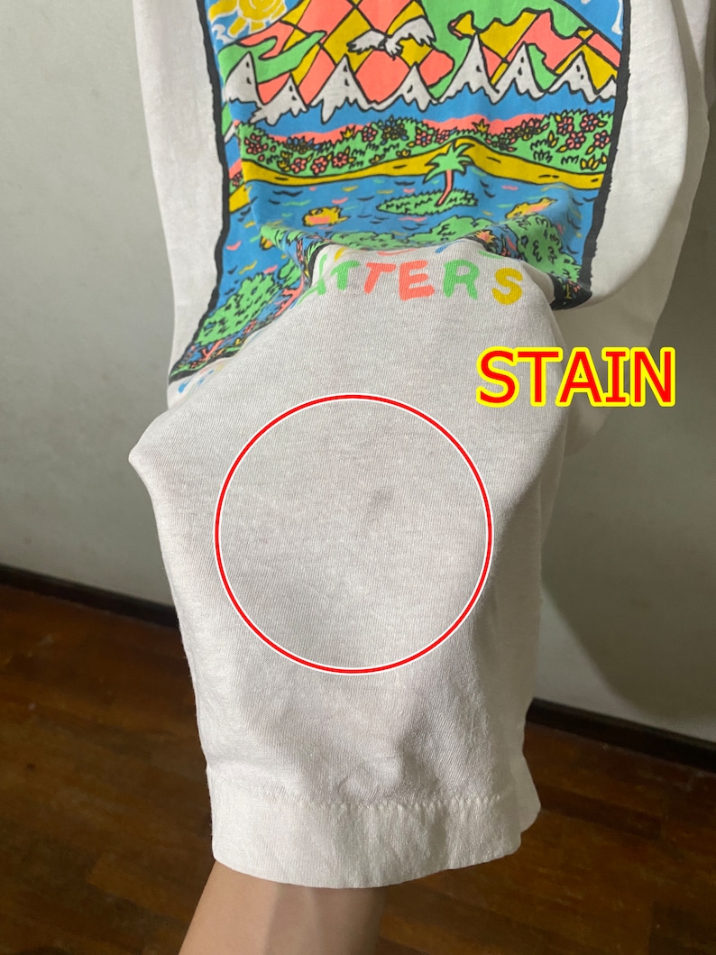 May include: White t-shirt with a colorful graphic print of a landscape with mountains, trees, and a lake. The text "Matters" is visible on the shirt. There is a small stain on the shirt.