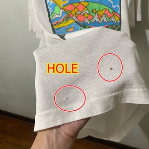 May include: White t-shirt with a colorful graphic print of a landscape with mountains, a sun, and birds. The shirt has two small holes near the bottom.