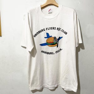 Vintage 90s Hamburger Shirt Size L Vintage &quot;Hamburg Flying Club&quot; Tee, Airplane Shirt, Burger Shirt