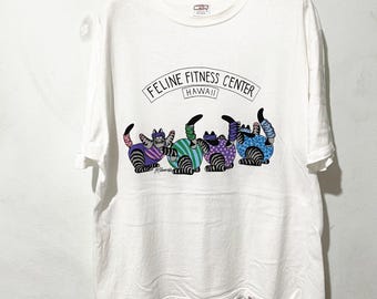 Vintage 90s Crazy Shirts Hawaii Feline Fitness Center T-shirt Size M