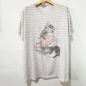 Vintage 90s Cat Striped Shirt Size XL Vintage Cat Art Tee, Funny Cat Tee, Cat Lover Tee, Vintage Kitten Tee, Vintage Nature Tee