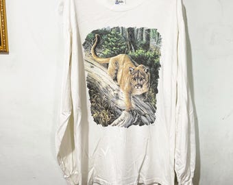 Vintage 90er Jahre Human i Tees Cougar Mountain Lion T-Shirt Size L