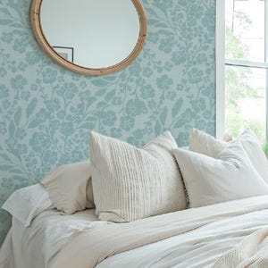 Robin’s Egg Blue Floral Toile Removable Wallpaper – Peel & Stick or Prepasted | Vintage Boho Botanical, Cottagecore, French Country Decor