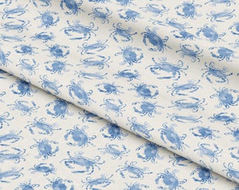 Blue Watercolor Crab Cotton Fabric by Yard or Fat Quarter, Nautical Coastal Fabric for Quilting Sewing, Precut Cotton Swatch