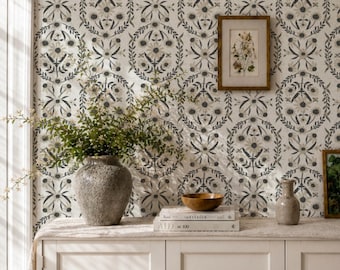 Vintage Wallpaper | Floral Block Print | Botanical Wallpaper | Accent Wall | Neutral Cottage Wallpaper | Renter Friendly | Wallpaper Rolls