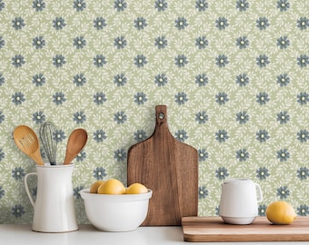 Sage Green Cottage Floral Wallpaper, Blue Daisy Country Kitchen Walls, Vintage English Garden Peel and Stick or Traditional
