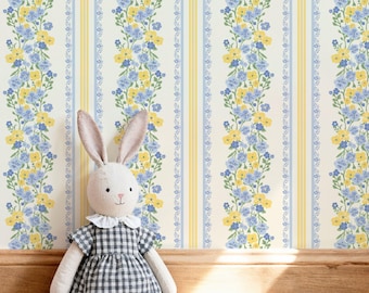 cottage wallpaper peel and stick | girls floral wallpaper | blues and yellow | renter friendly | wall covering panel | cottage core style