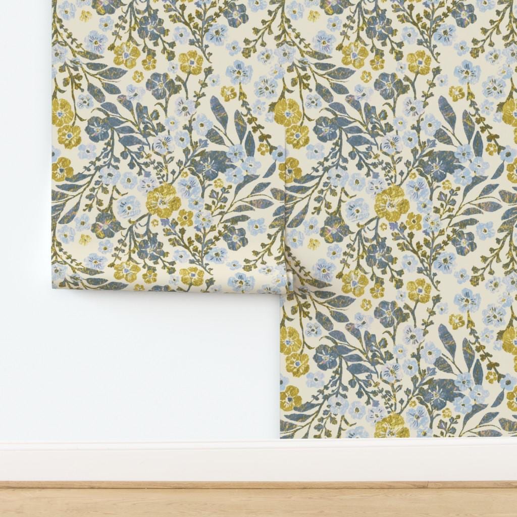 Victorian Floral Wallpaper, Blue & Gold Botanical Peel and Stick ...