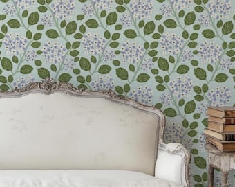 Blue Hydrangea Wallpaper – Floral Peel & Stick Wallpaper for Cottage, Coastal, or Preppy Bedroom Accent Wall Decor
