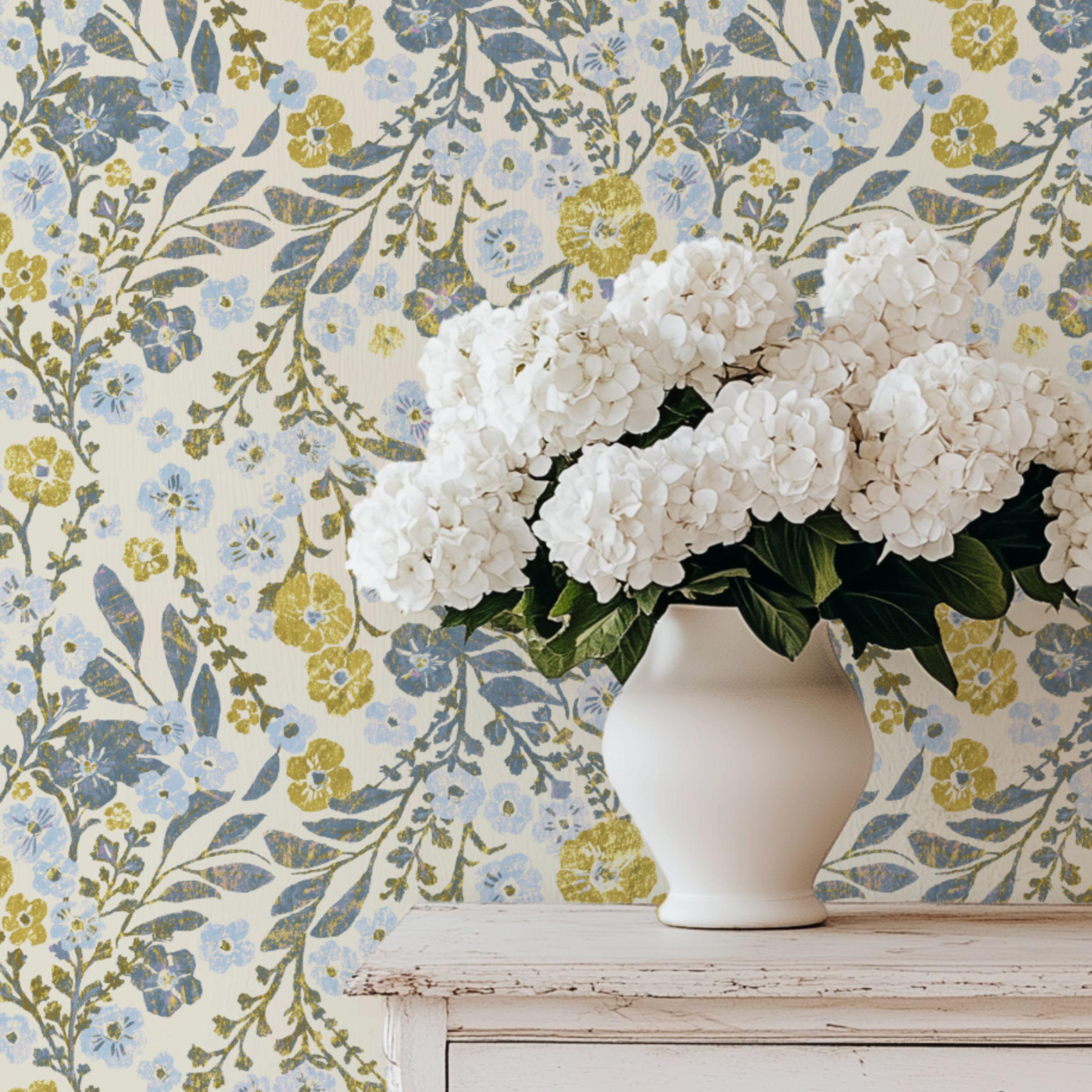 Victorian Floral Wallpaper, Blue & Gold Botanical Peel and Stick ...