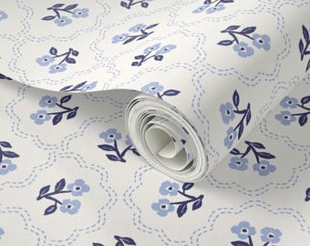 Cottagecore Wallpaper Vintage Inspired Blue Floral Wallpaper for Modern Farmhouse Kitchen, Nursery or Bedroom  Decor