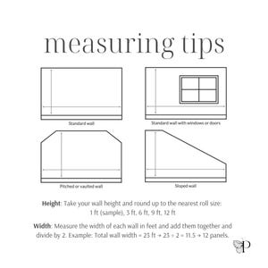 May include: Diagrams showing measuring tips for walls, including standard, windowed, pitched, and sloped walls. Text provides instructions for calculating height and width for wall coverings, with examples in feet. The title reads "measuring tips".
