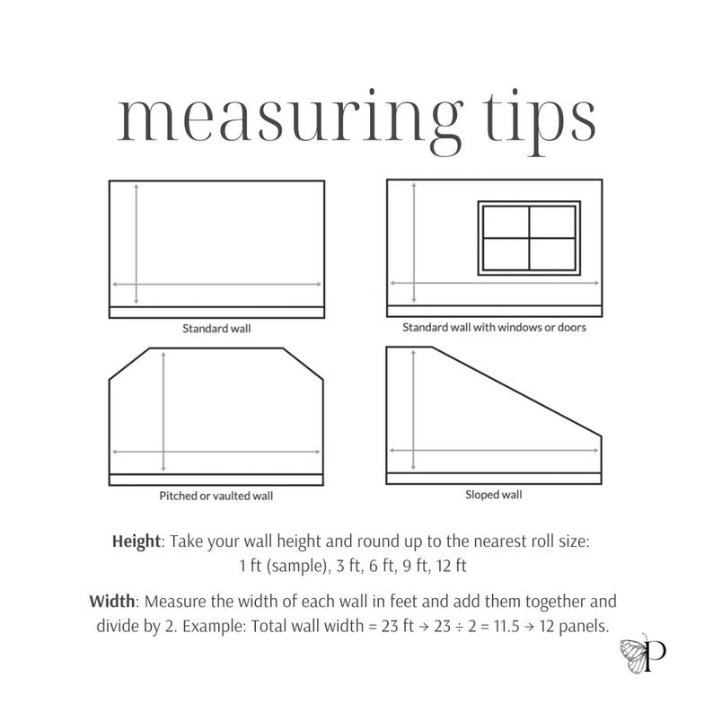May include: Diagrams showing measuring tips for walls, including standard, windowed, pitched, and sloped walls. Text provides instructions for calculating height and width for wall coverings, with examples in feet. The title reads "measuring tips".