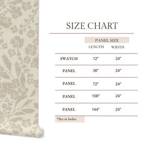 May include: A wallpaper size chart showing panel dimensions in inches. The chart includes a swatch at 30.5cm x 61cm, and panels at 91.4cm x 61cm, 183cm x 61cm, 274cm x 61cm, and 366cm x 61cm. The wallpaper on the left has a floral pattern.