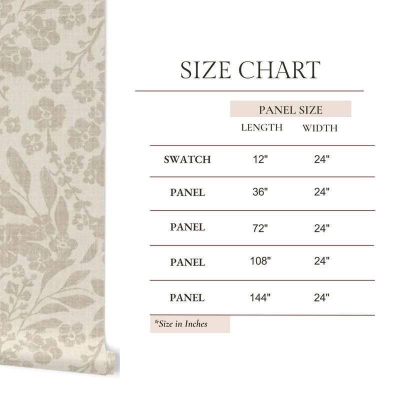 May include: A wallpaper size chart showing panel dimensions in inches. The chart includes a swatch at 30.5cm x 61cm, and panels at 91.4cm x 61cm, 183cm x 61cm, 274cm x 61cm, and 366cm x 61cm. The wallpaper on the left has a floral pattern.