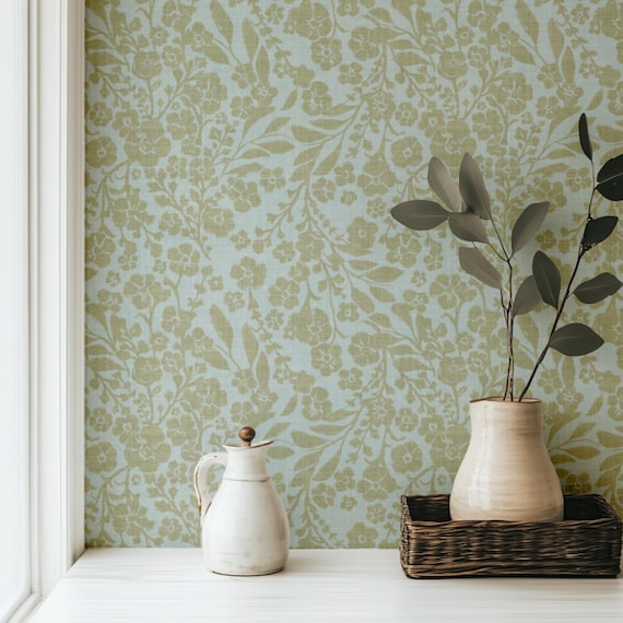 cottage wallpaper peel and stick | flowered wallpaper | floral cottage wallpaper | accent wall paper | botanical wallpaper | renter friendly